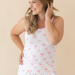 Woman modeling Women’s Tank Set in Bow looking off to side