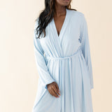 Model looking to the side while wearing the tied up Bamboo Women's Lounge Robe in Breeze  ::: Model is 5'3" wearing size XS/S ///
