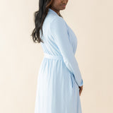 Woman showcasing the back of the Bamboo Women's Lounge Robe in Breeze