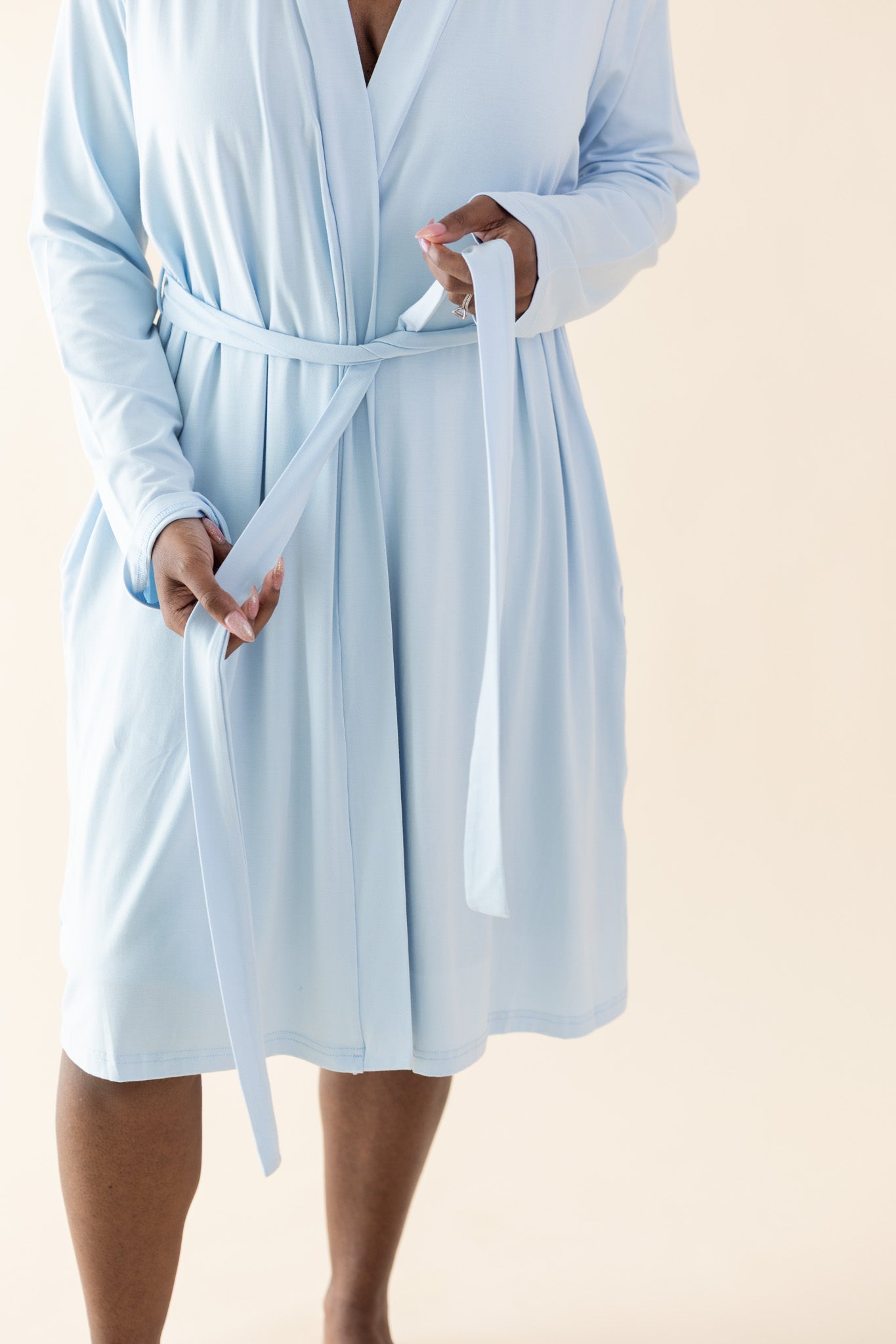 Close up of the tied up Bamboo Women's Lounge Robe in Breeze