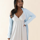 Model wearing the Bamboo Women's Lounge Robe in Breeze over a nightgown in Oat