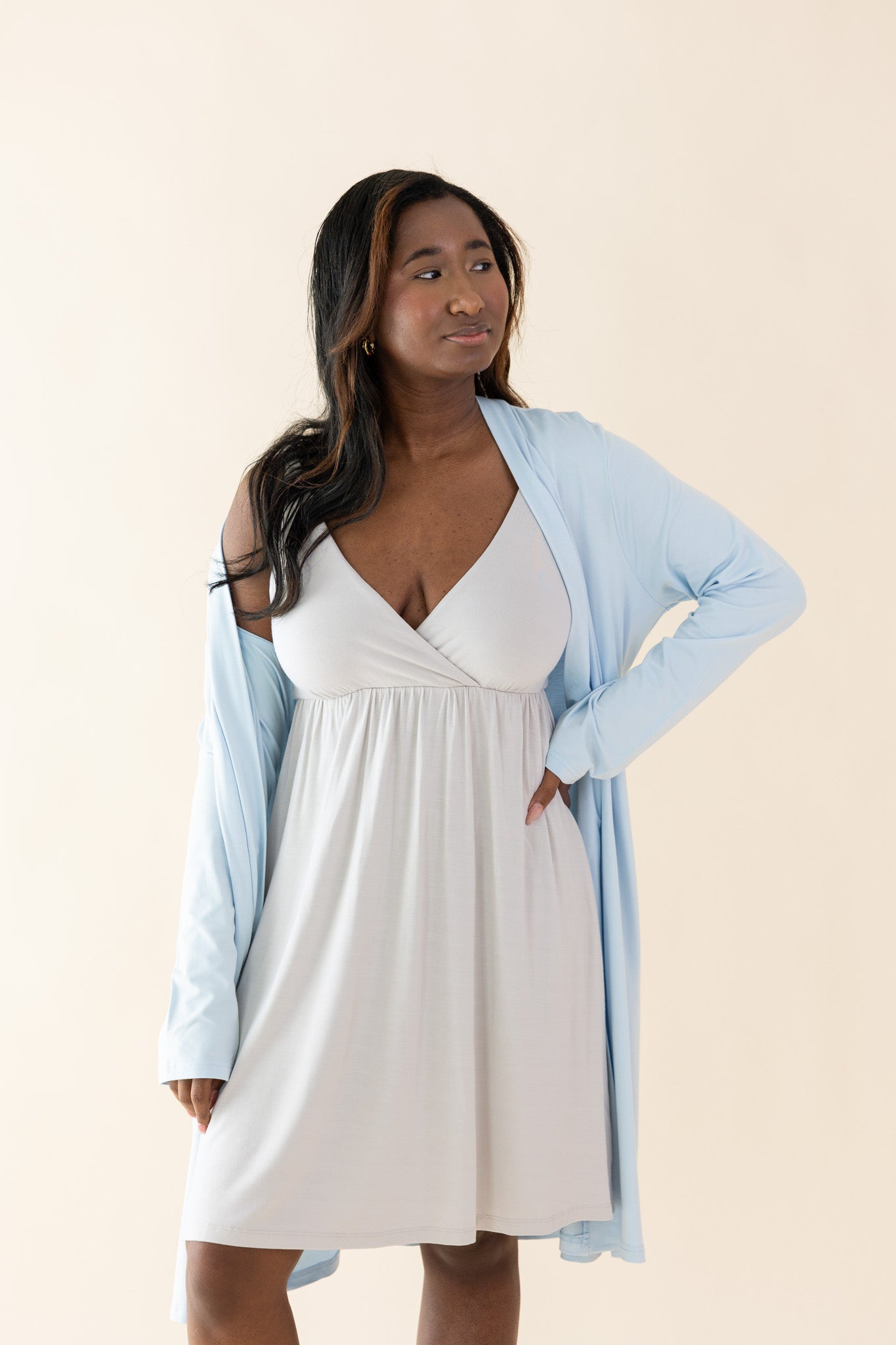Model wearing the Bamboo Women's Lounge Robe in Breeze over a nightgown in Oat