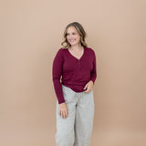 Women's Long Sleeve Henley Tee in Burgundy