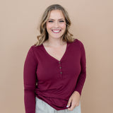 Women's Long Sleeve Henley Tee in Burgundy