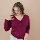 Women's Long Sleeve Henley Tee in Burgundy