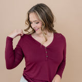 Women's Long Sleeve Henley Tee in Burgundy