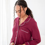 Close up of the top of the Long Sleeve Pajama Set in Burgundy