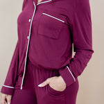 Close up of the Women's Long Sleeve Pajama Set in Burgundy