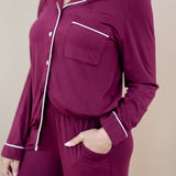 Close up of the Women's Long Sleeve Pajama Set in Burgundy