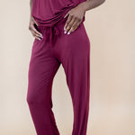 Close up of the Lounge Pants in Burgundy