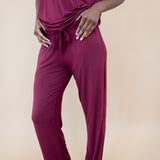 Close up of the Lounge Pants in Burgundy