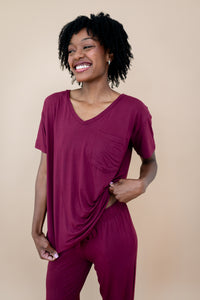 Burgundy V-neck tee with lounge pants set
