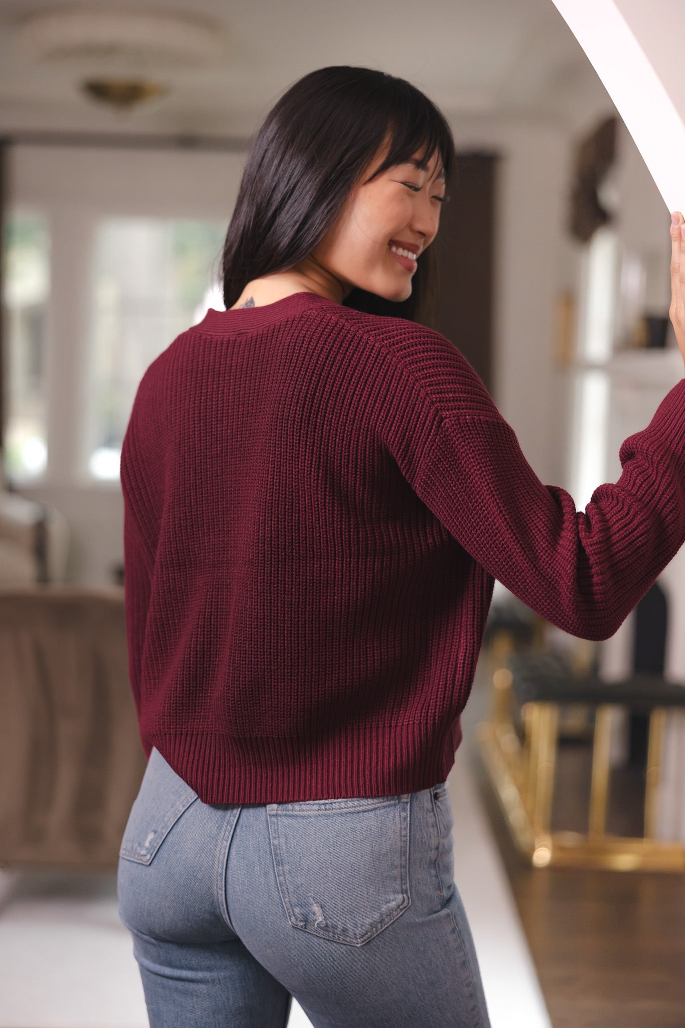 Chunky Knit Women's Cropped Cardigan in Burgundy