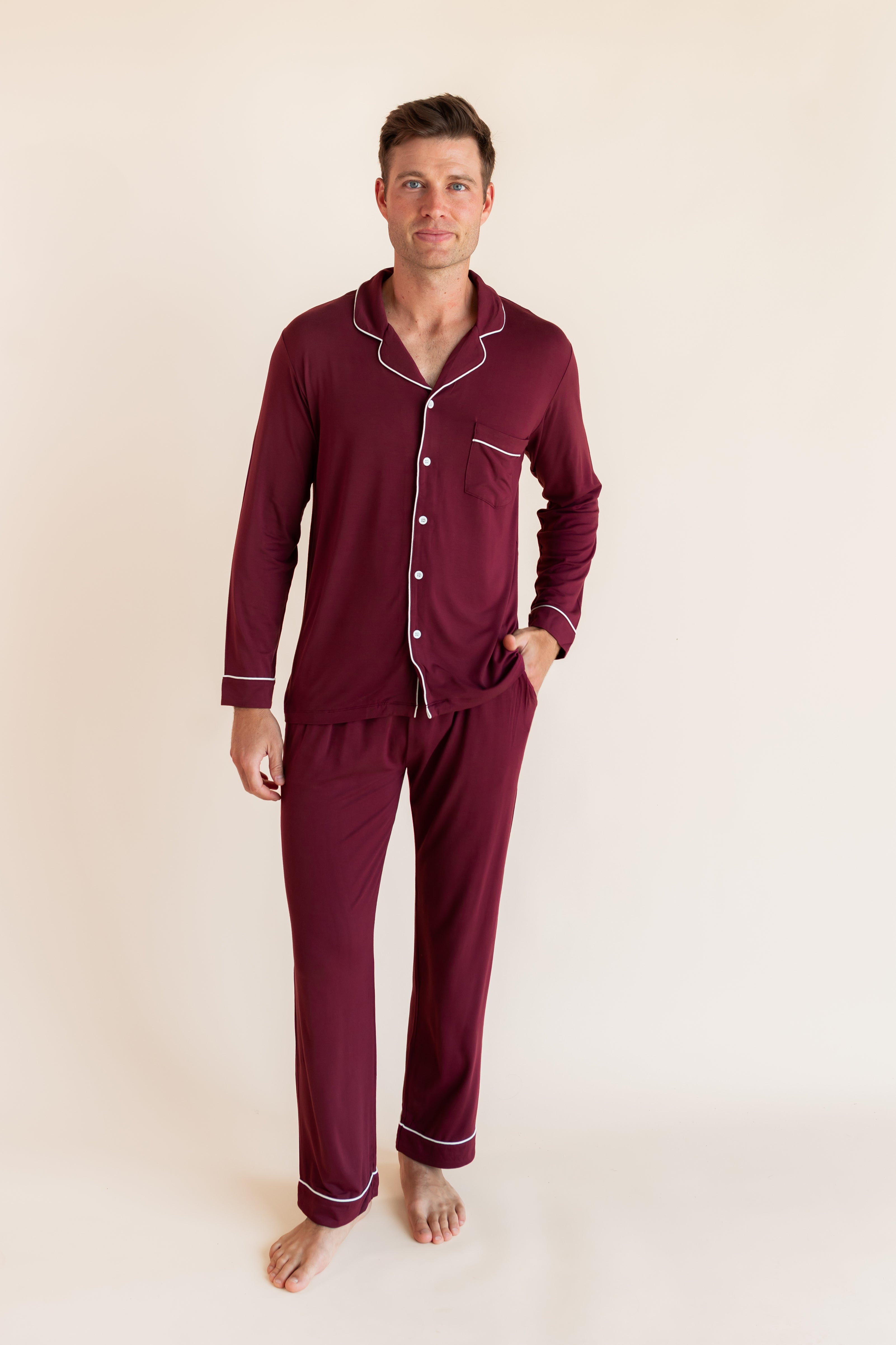 Model wearing Men's Long Sleeve Pajama Set in Burgundy on a beige background
::: Model is 6'2" wearing size M ///