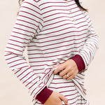 Close up of the  Women's RIbbed Henley Set in Burgundy Stripe displaying the cuffs and pocket on bottoms