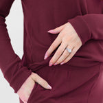 Close up of the pocket and waistband on the pants of the Women’s Ribbed Henley Set in Burgundy