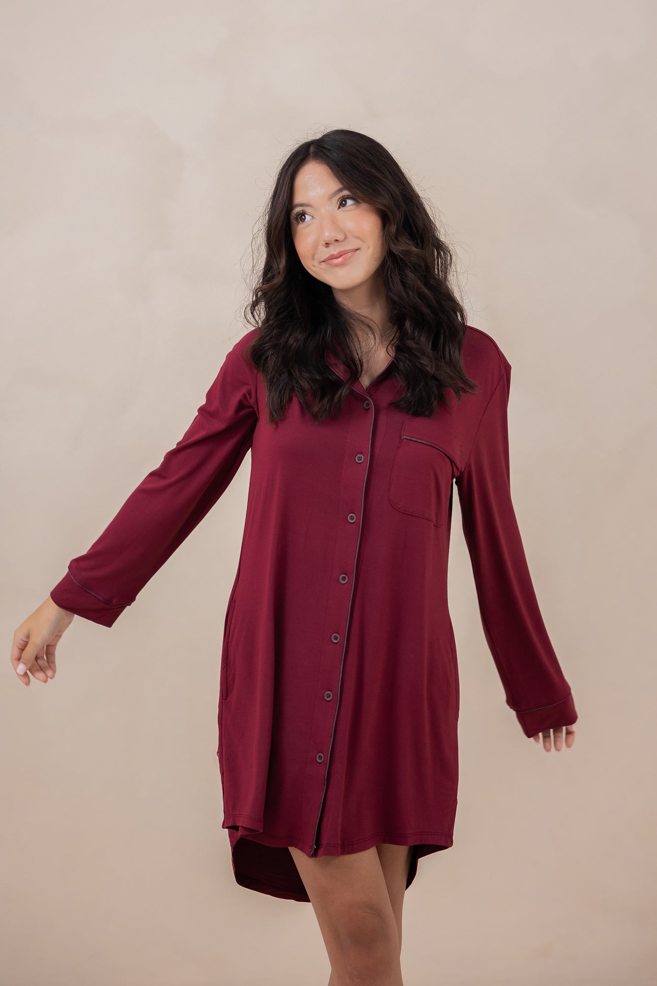 Model wearing the Women's Sleep Shirt in Burgundy