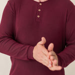 Close up of the Men's Ribbed Henley Top in Burgundy