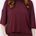 Close up of the Women's Short Sleeve Tee in Burgundy