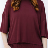 Close up of the Women's Short Sleeve Tee in Burgundy