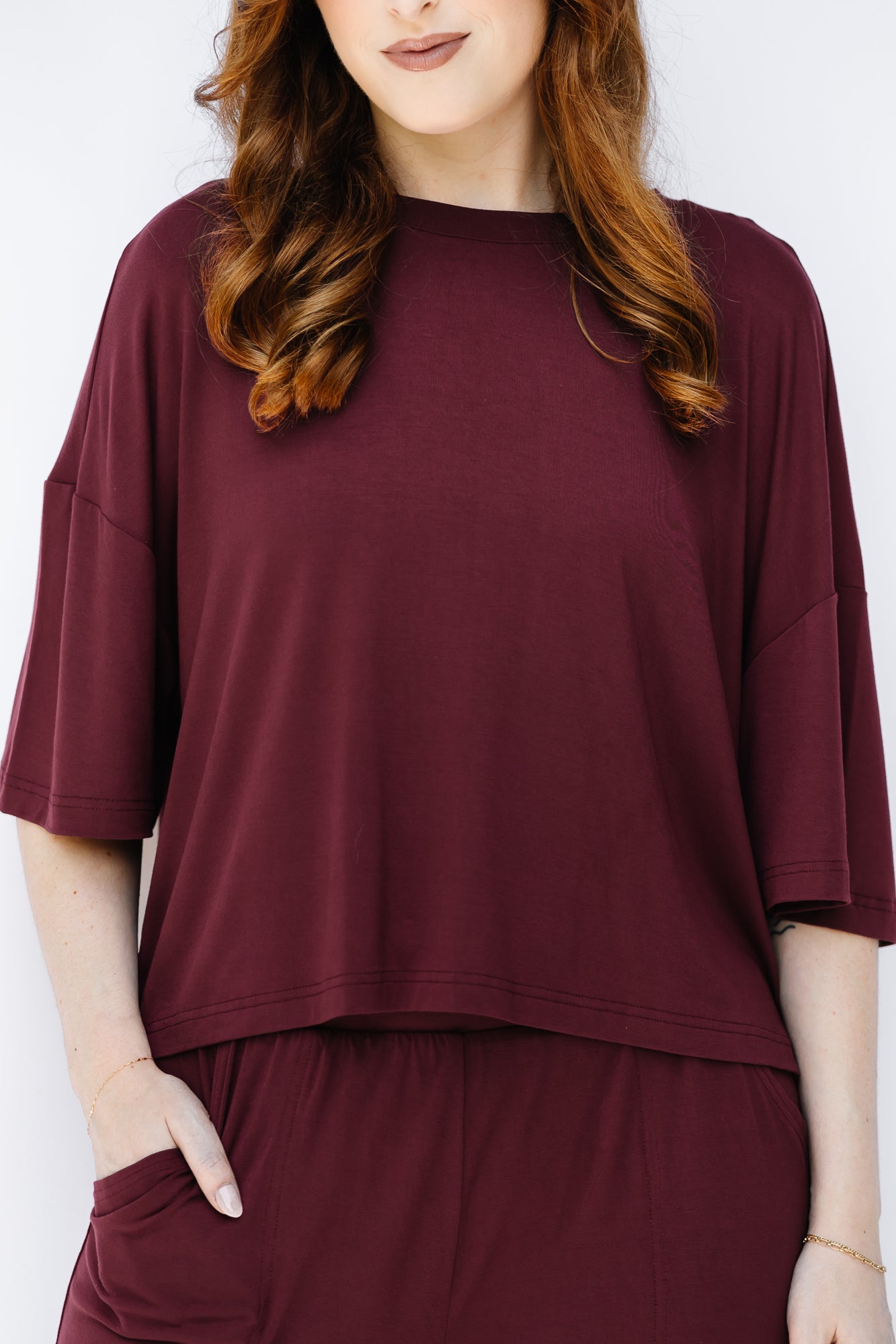 Close up of the Women's Short Sleeve Tee in Burgundy