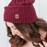 Cable Knit Pom Beanie in Burgundy