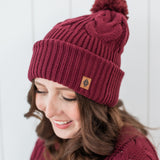 Cable Knit Pom Beanie in Burgundy