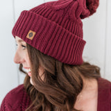 Cable Knit Pom Beanie in Burgundy