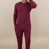 Male model wearing Men's Jogger Set in Burgundy