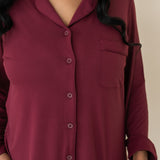 Close up of the top from the Kyte Bamboo Long-Sleeved Women's Pajama Set in Burgundy with Burgundy Trim