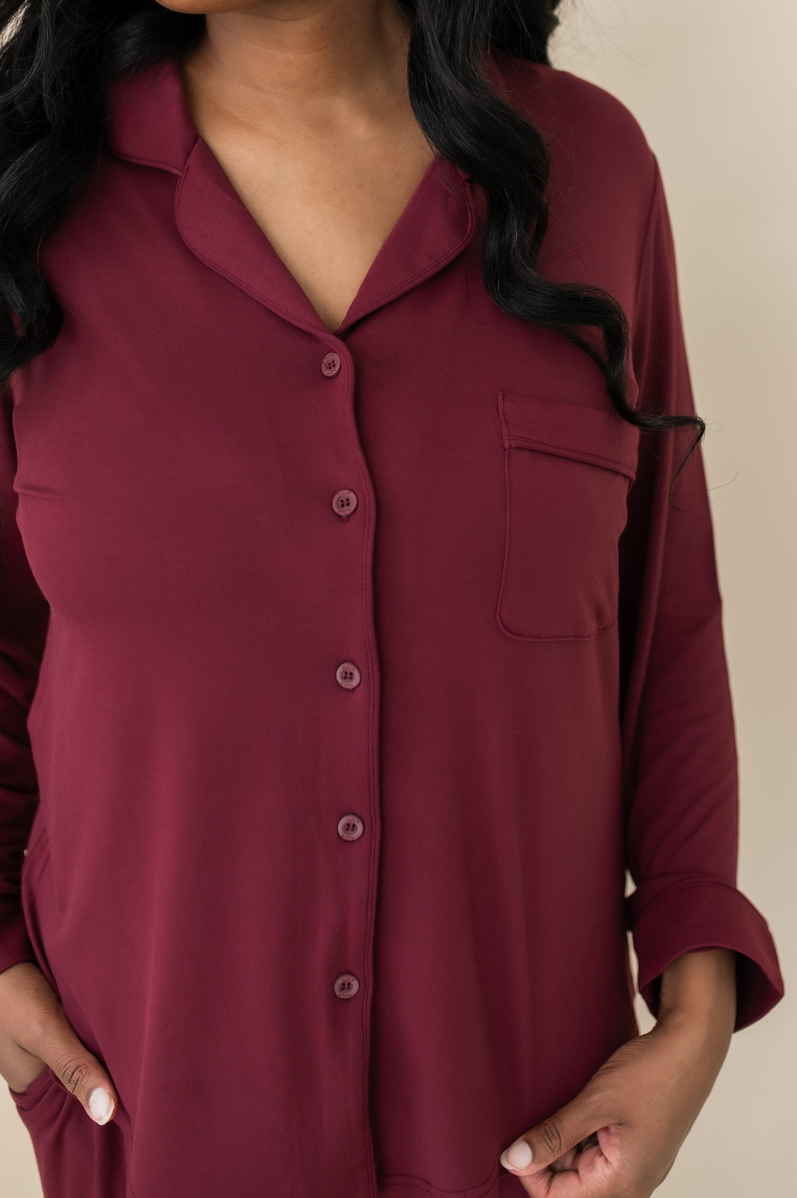 Close up of the top from the Kyte Bamboo Long-Sleeved Women's Pajama Set in Burgundy with Burgundy Trim