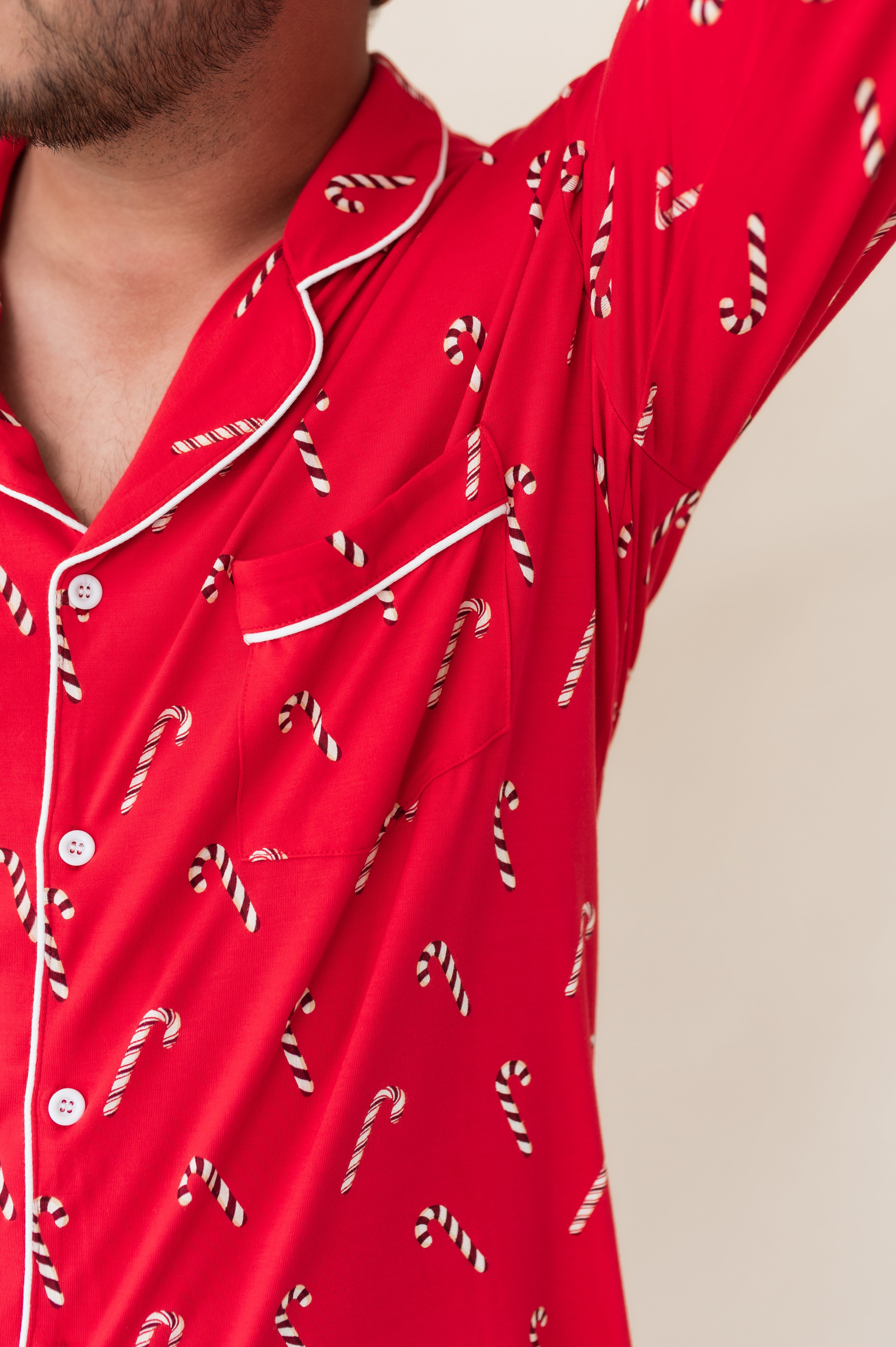 Close up of the top of the Men's Long Sleeve Pajama Set in Candy Cane