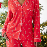 Close up of the Bamboo Long-Sleeved Women's Pajama Set in Candy Cane