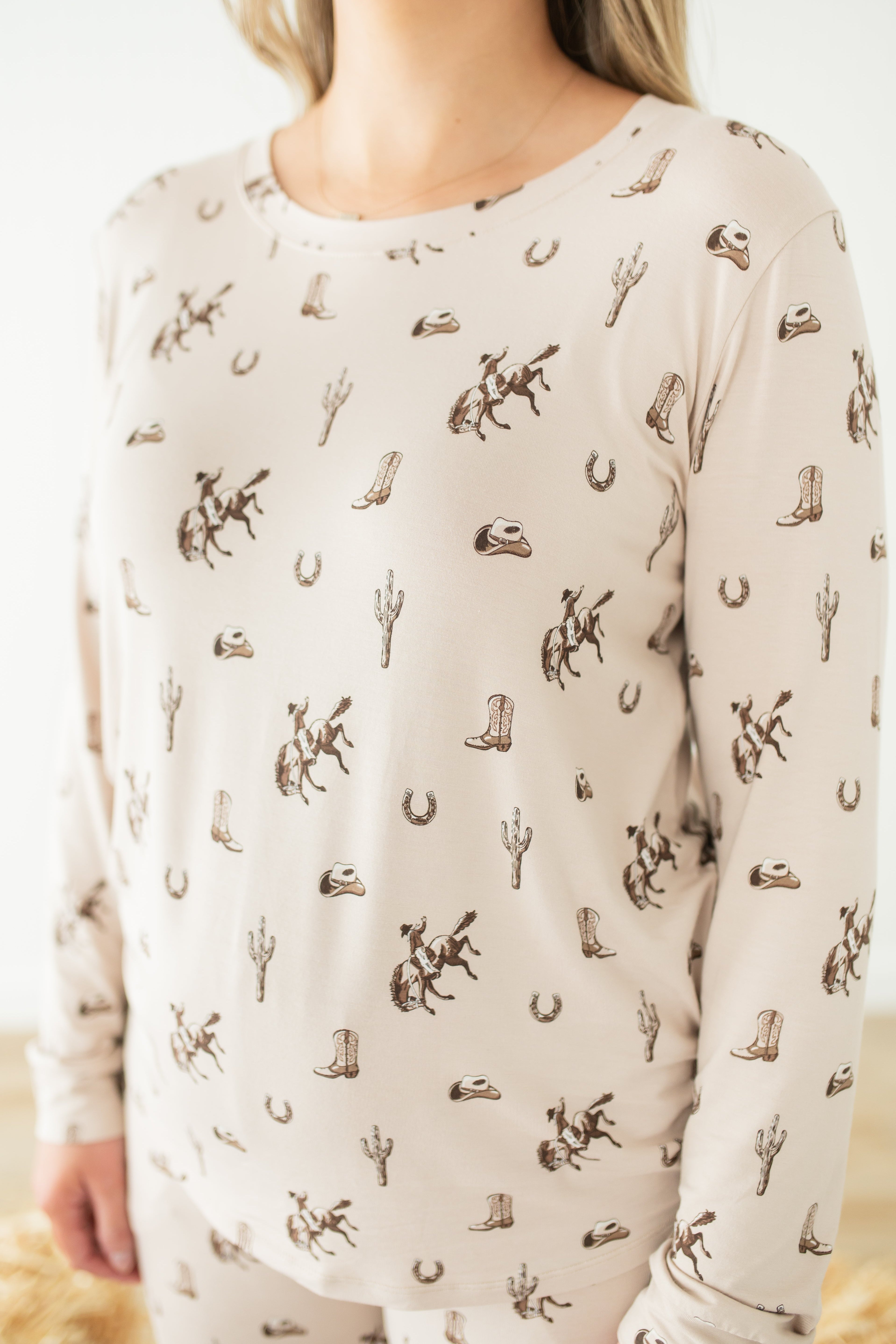 Close up of the top in the Women's Jogger Pajama Set in Classic Cowboy