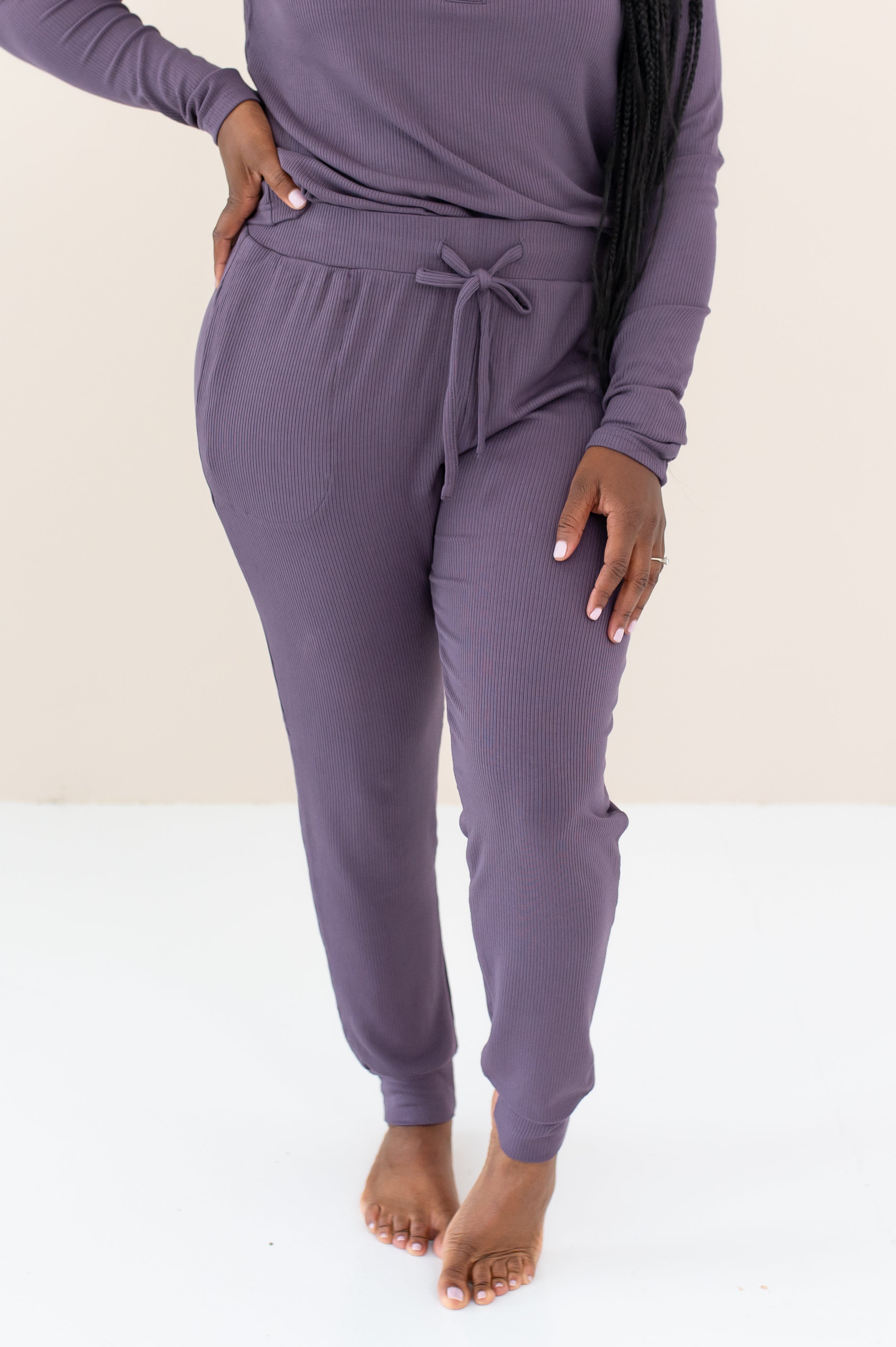 Women's Ribbed Jogger Pant in Currant with hand on hip