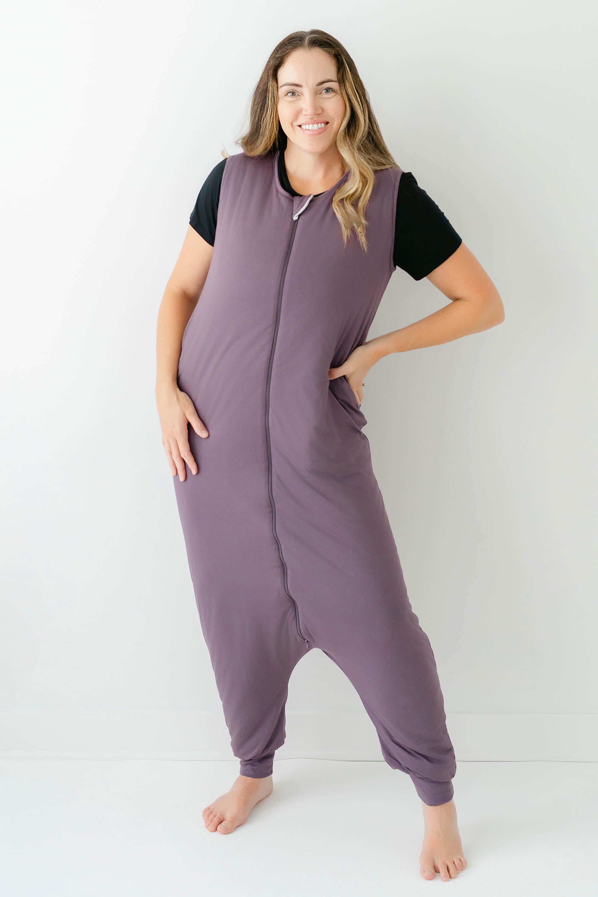 Female wearing the Adult Sleep Bag Walker in Currant