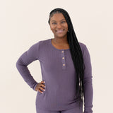 Woman modeling Women's Ribbed Henley Top in Currant