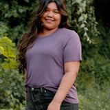 Female wearing the Women's Crew Neck Tee in Currant