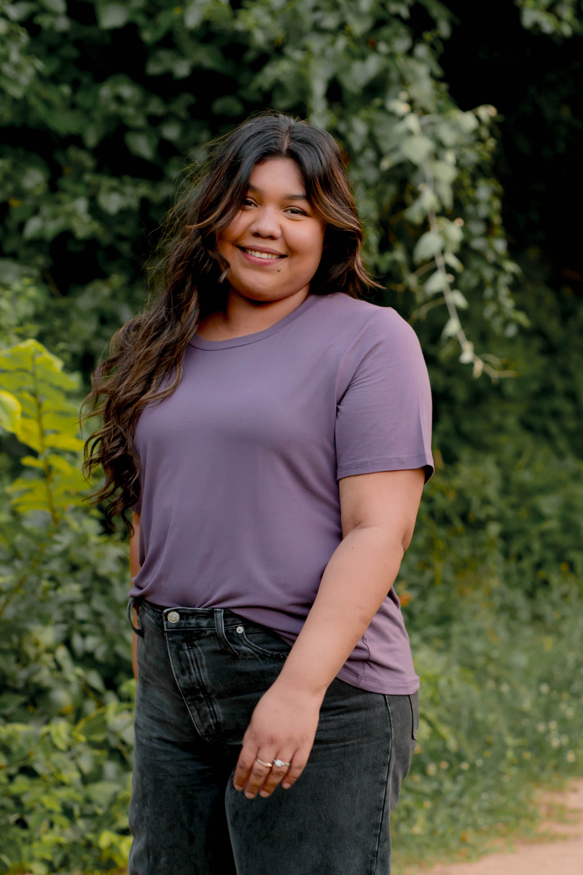 Female wearing the Women's Crew Neck Tee in Currant