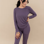 Female model in the Women's Jogger Pajama Set in Currant