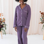 Female modeling Women's Long Sleeve Pajama Set in Currant with Cloud Trim