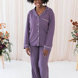 Female modeling Women's Long Sleeve Pajama Set in Currant with Cloud Trim