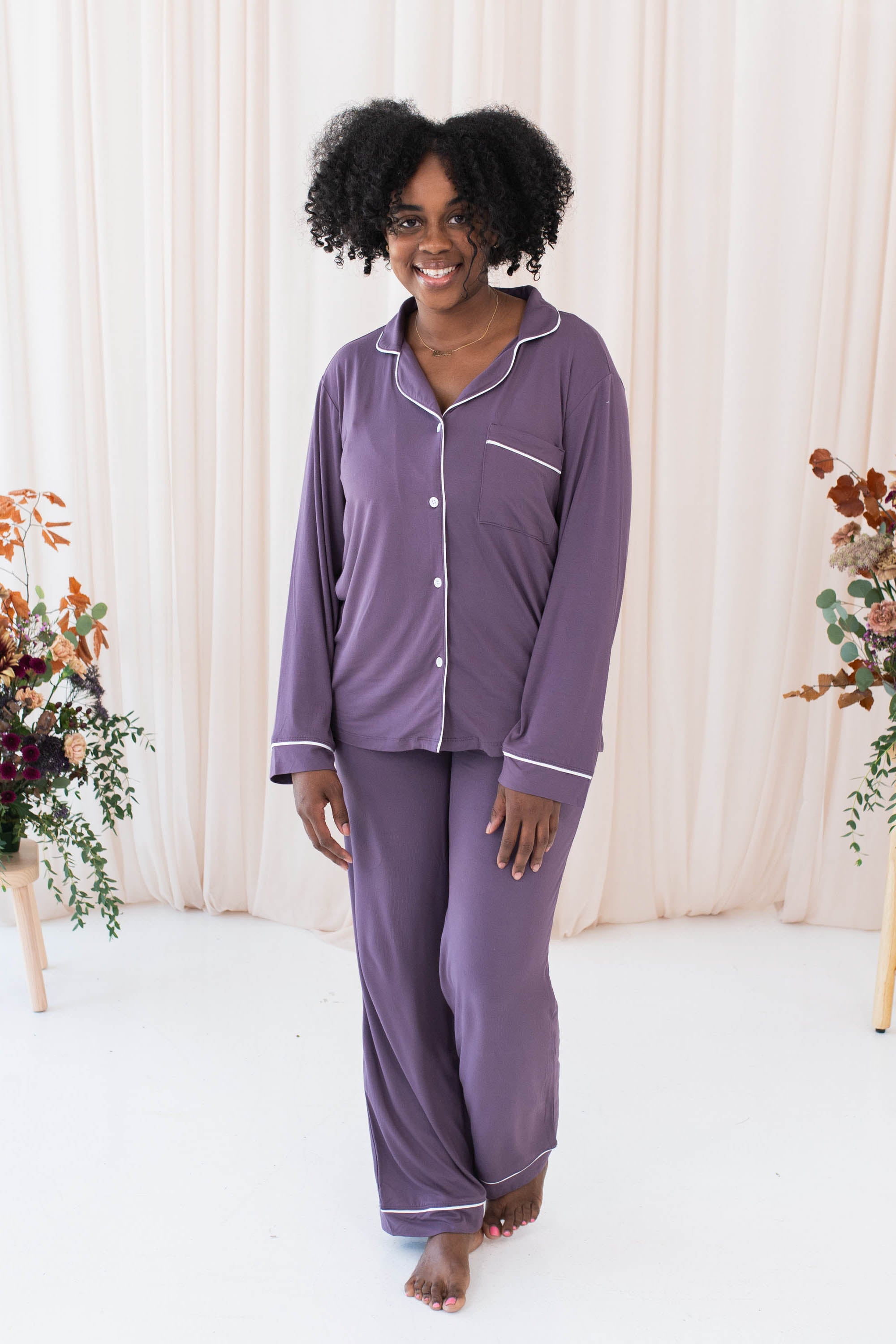 Female modeling Women's Long Sleeve Pajama Set in Currant with Cloud Trim