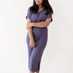 Woman modeling Women's Ribbed Jumpsuit in Currant
