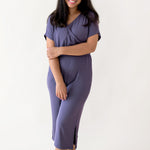 Woman modeling Women's Ribbed Jumpsuit in Currant