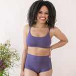Woman wearing Women's High-Waisted Brief in Currant and Scoop Neck Bralette 