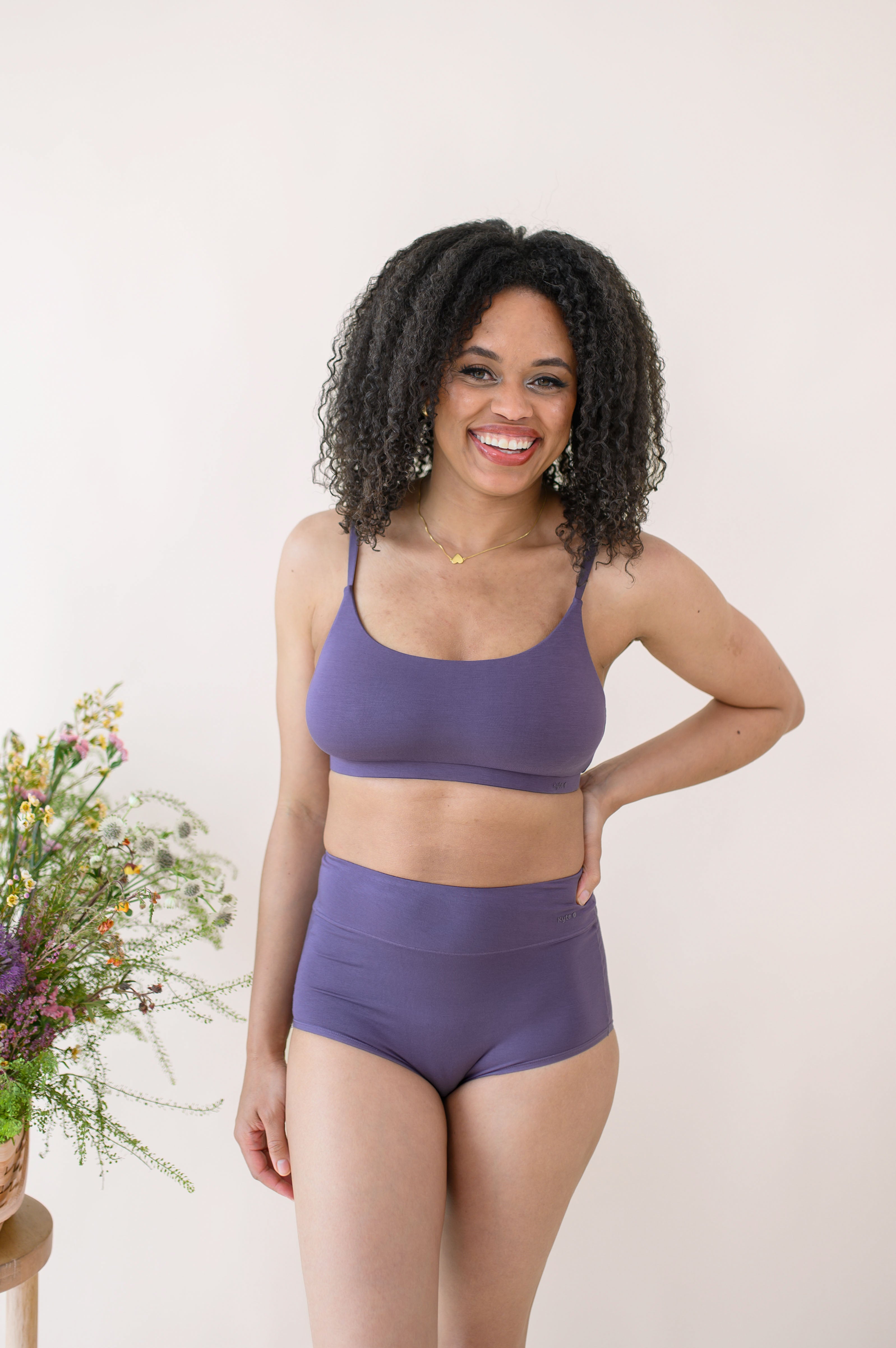 Woman wearing Women's High-Waisted Brief in Currant and Scoop Neck Bralette 