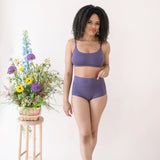 Woman wearing Women's High-Waisted Brief in Currant and Scoop Neck Bralette 