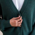 Modal holding the button of Chunky Knit Cropped Cardigan in cypress over white t-shirt and blue jeans on a beige background