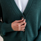 Modal holding the button of Chunky Knit Cropped Cardigan in cypress over white t-shirt and blue jeans on a beige background